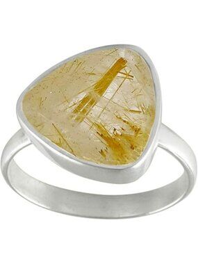 Natural-faceted Rutile Quartz Gemstone Ring Trillion Shape Silver Faceted Ring